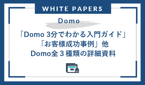 「Domo 3分でわかる入門ガイド」「Domo-テクノロジーツールと戦略的データに関する企業調査（スリープワーキング）」「お客様成功事例」他、Domo全３種類の詳細資料